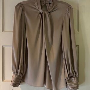White House Black Market Taupe Blouse with Tie-Neck